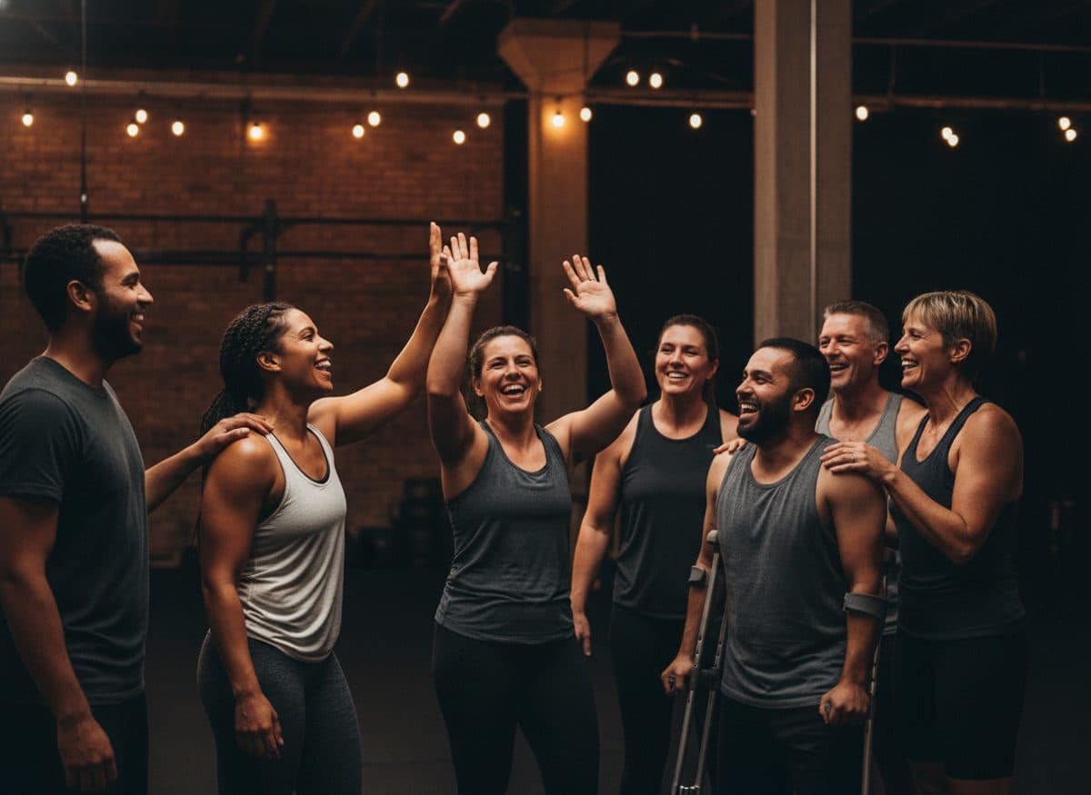 Diverse Colfax Strong members celebrating together after a workout